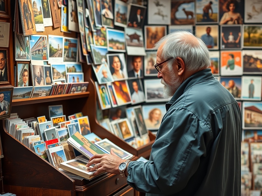 postcard collector browsing online marketplace