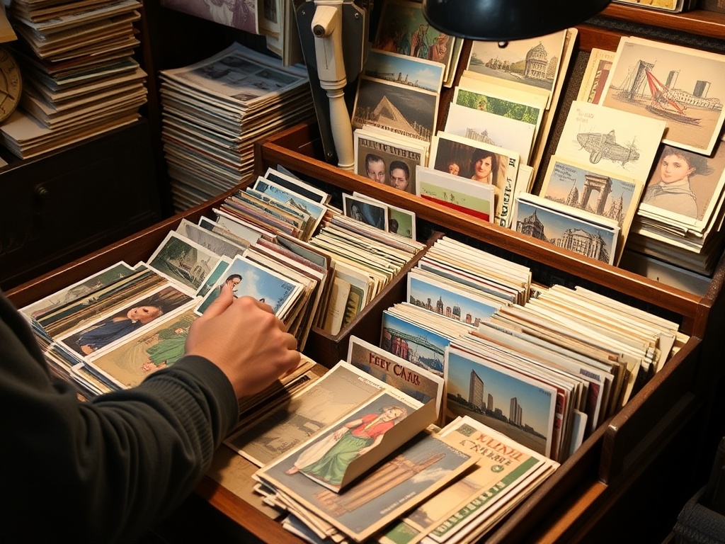 postcard collector sorting vintage postcards