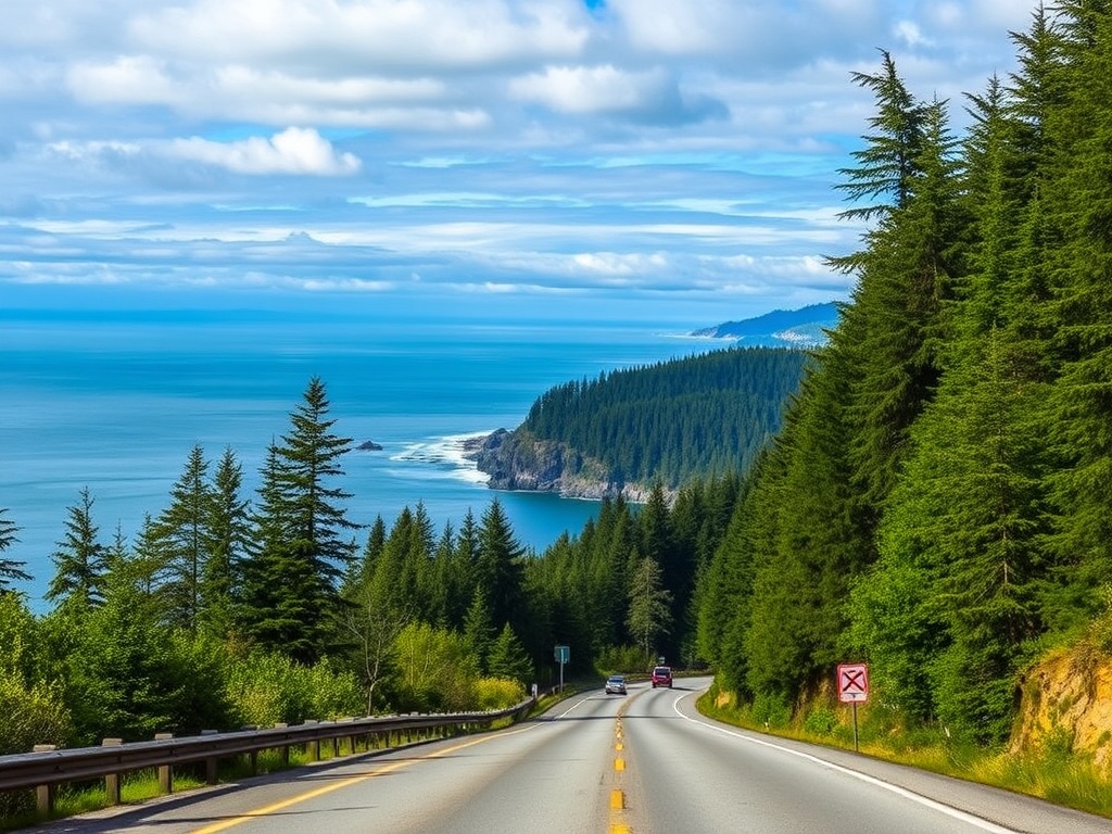 coastal drive in Powell River with ocean views and dense forest