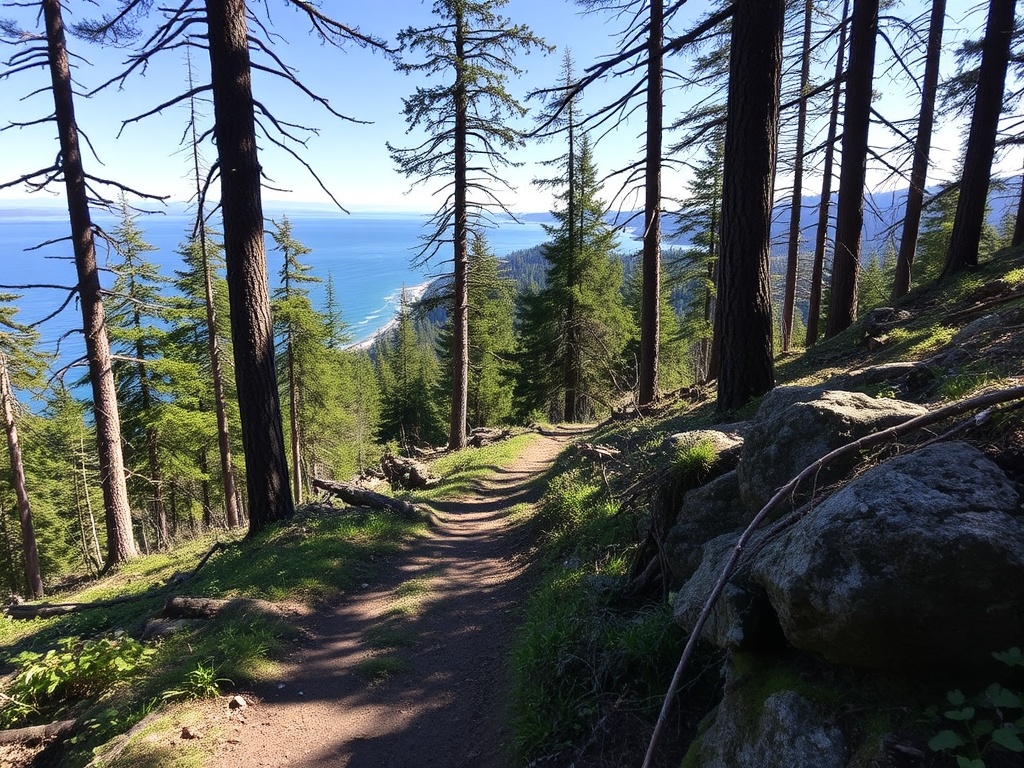 forest trail near Powell River with coastal glimpses and natural rugged terrain