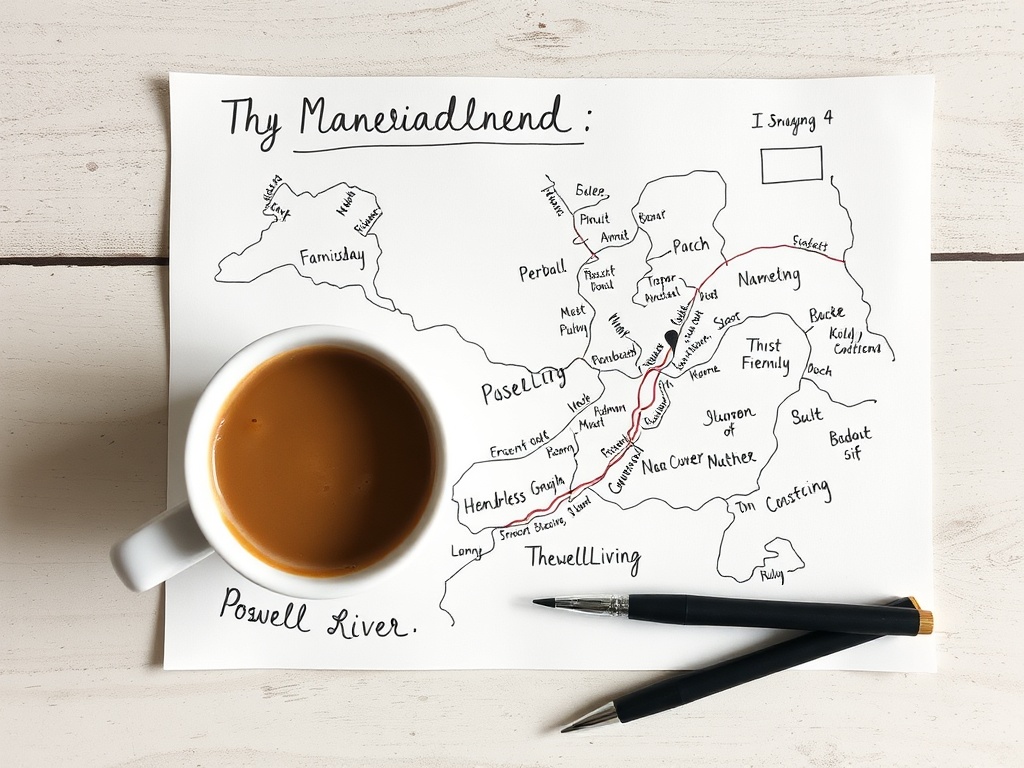 handwritten weekend plan with map of Powell River and coffee cup