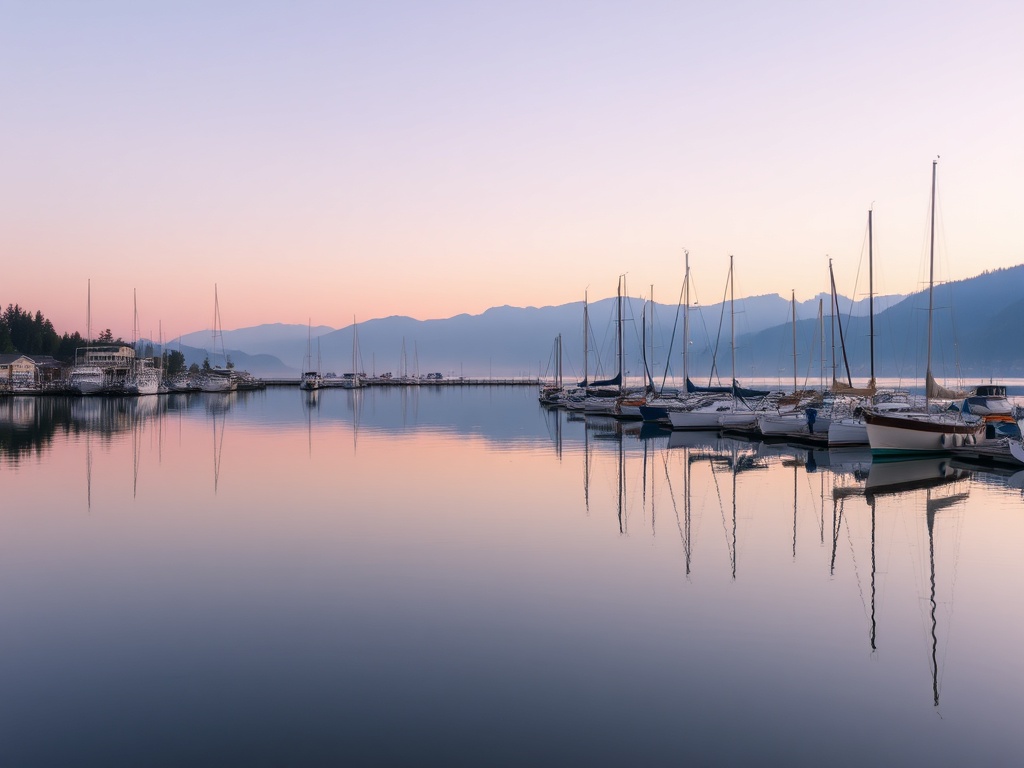 Powell River harbor in the morning with calm water and soft sky