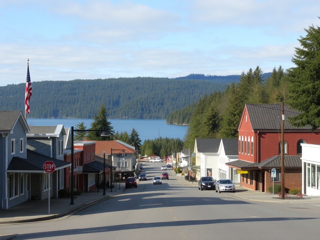 Powell River Townsite streets with heritage buildings and coastal forest nearby