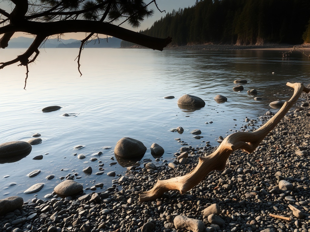 quiet hidden coastal spot in Powell River with driftwood and soft light