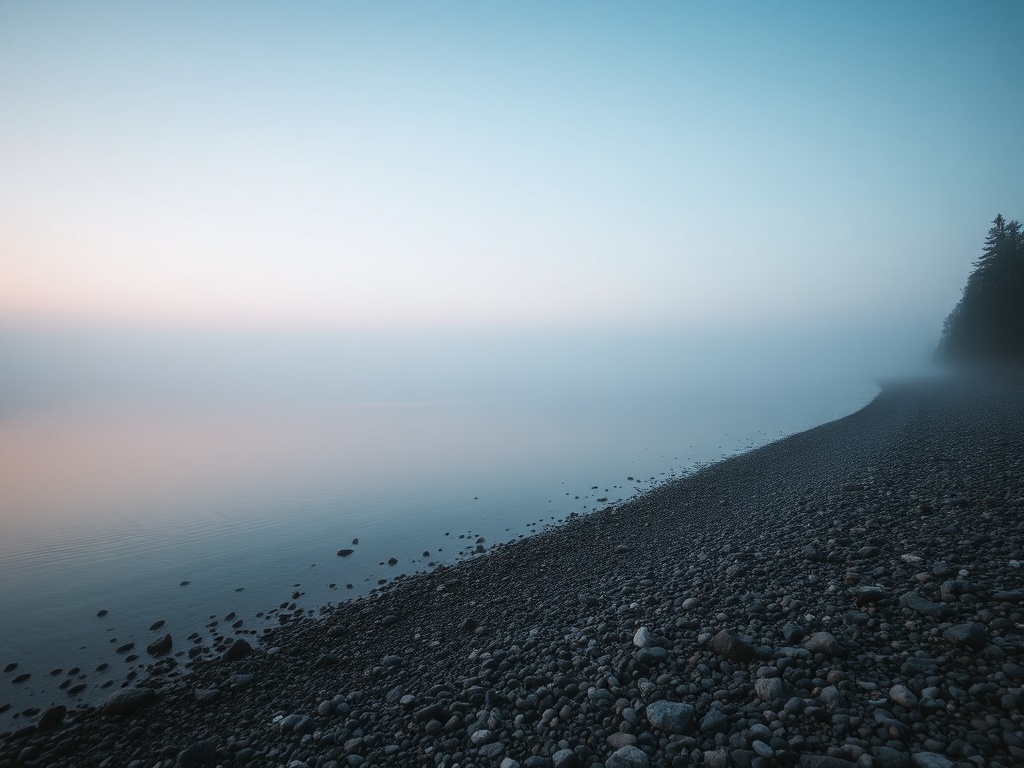 quiet Powell River shoreline early morning with soft light and calm water