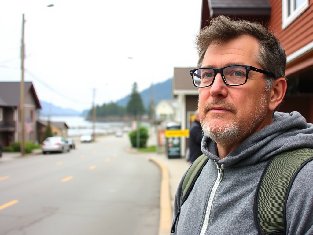 visitor looking uncertain in small coastal town street in Powell River