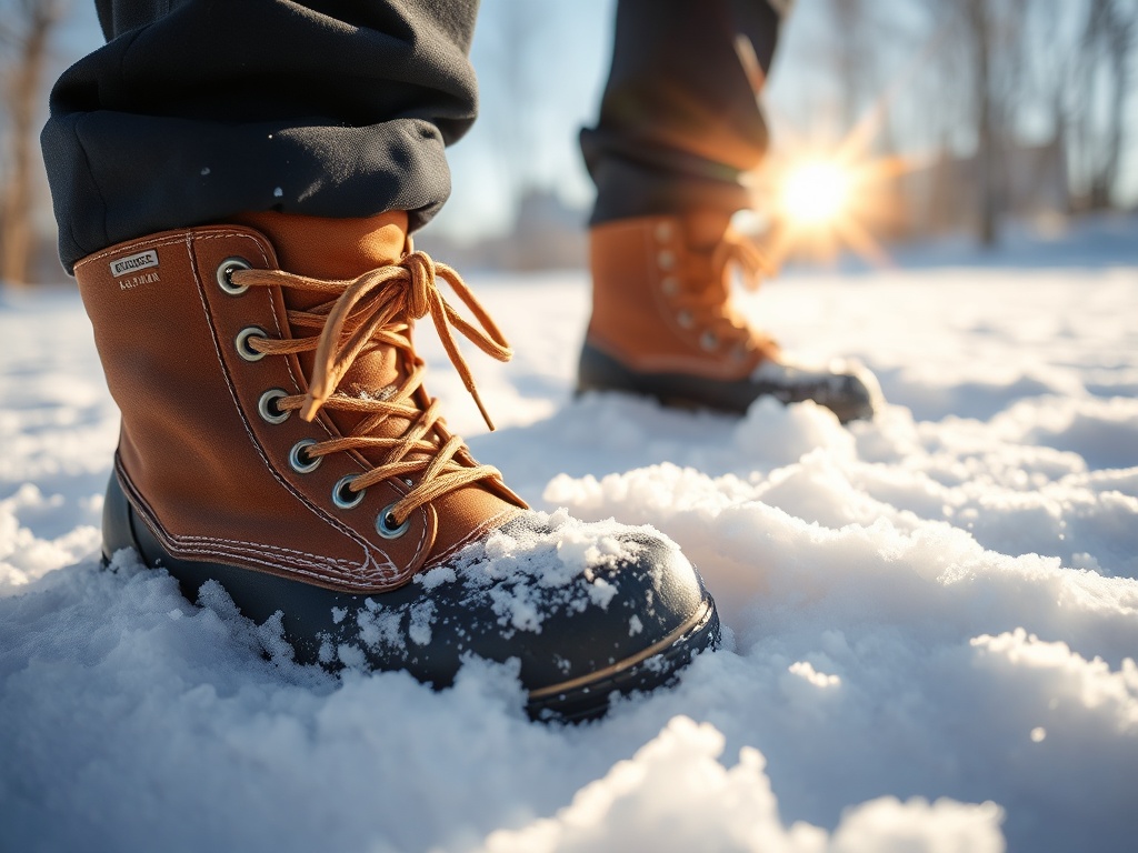 close-up of winter boots stepping into fresh snow, crisp texture, sunlight sparkles on snow crystals