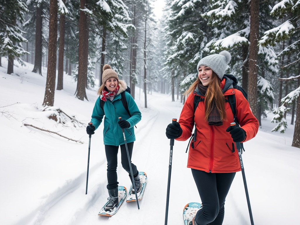 friends snowshoeing through snowy pine forest laughing, soft snowfall, warm winter clothing, candid moment