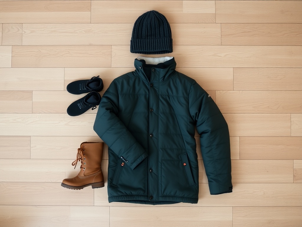 minimal winter gear laid out neatly, boots gloves jacket toque on wooden floor, practical cold weather setup