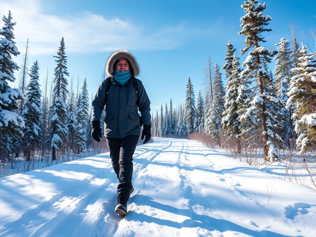 person walking confidently on snowy trail bundled in winter gear, breath visible, crisp blue sky, Saskatchewan forest