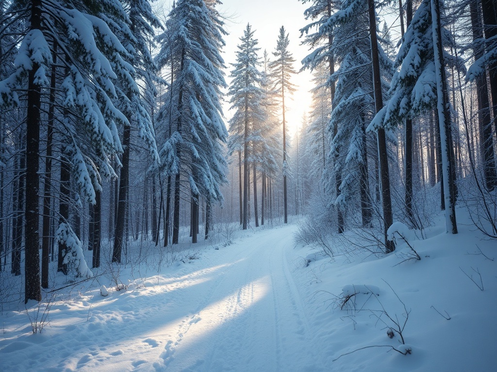 quiet snowy trail through boreal forest, soft light filtering through trees, peaceful and untouched winter scene