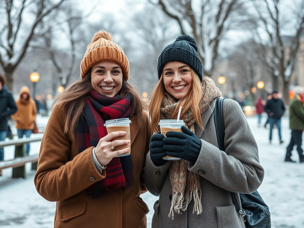 two friends standing with hot drinks in winter park smiling, bundled up, relaxed social winter moment