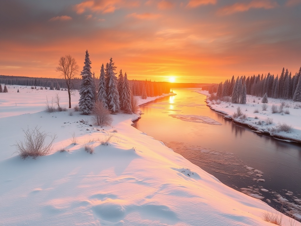 wide snowy Saskatchewan landscape at sunrise, frozen river, golden light over prairie trees, peaceful winter atmosphere