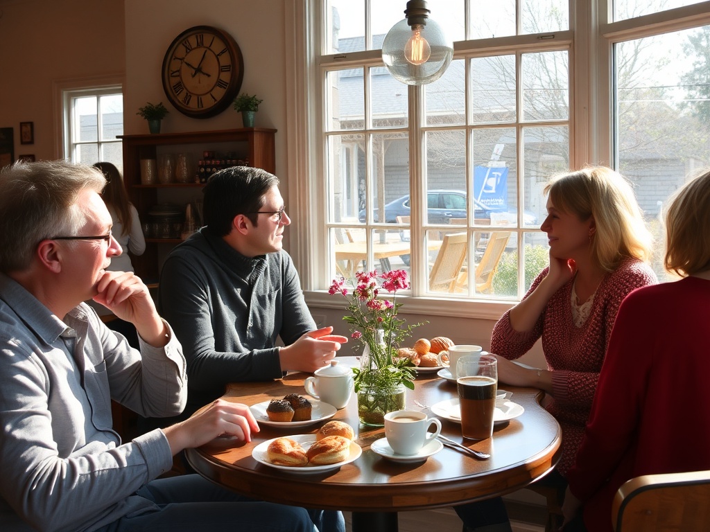 cozy Prince Edward County cafe with morning light pastries and locals chatting