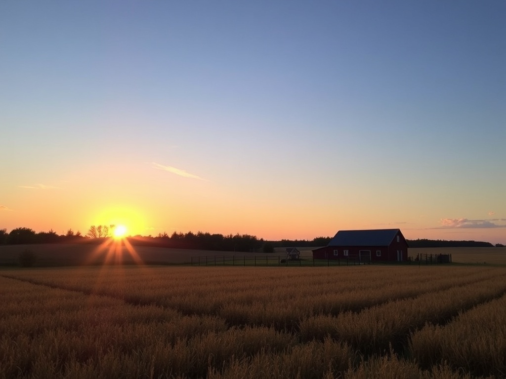 Prince Edward County farmhouse sunrise with open fields and peaceful rural setting