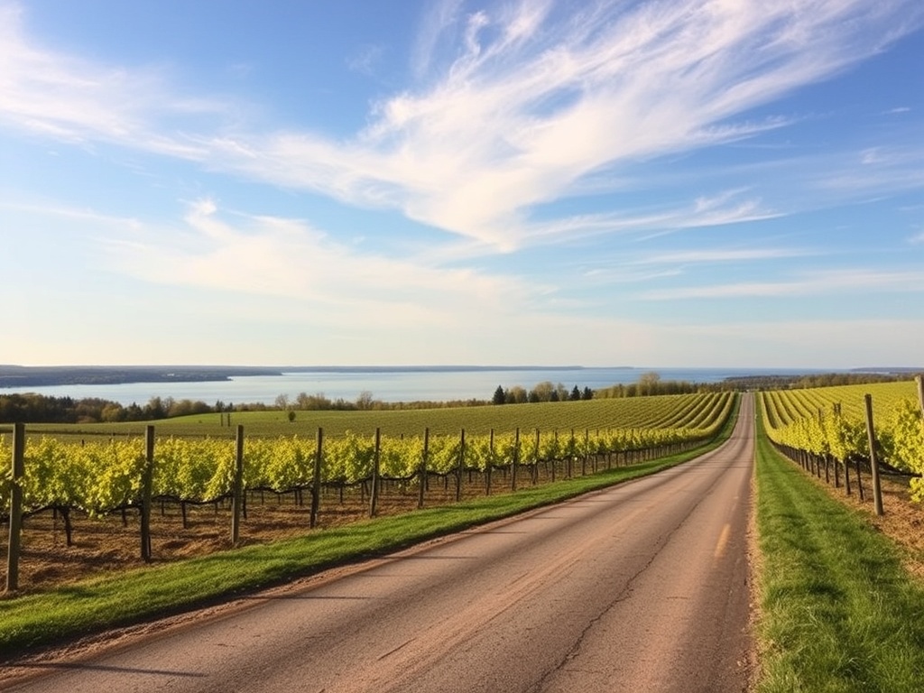 Prince Edward County rural landscape with vineyard rows lake breeze and quiet country road