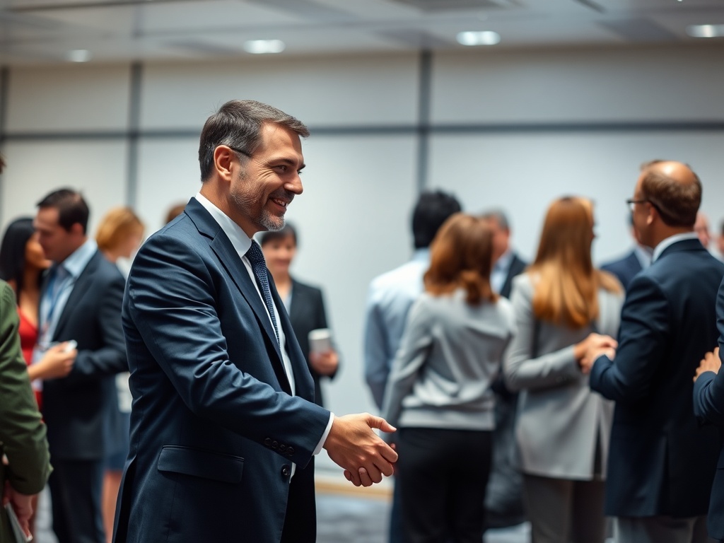 A business professional shaking hands in a networking event
