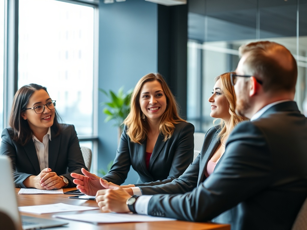 A group of professionals engaging in a meeting, showcasing communication skills