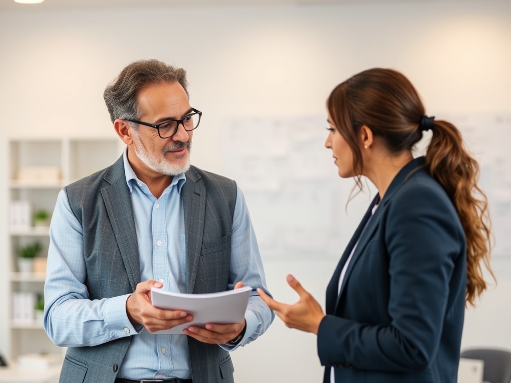 An experienced professional giving advice to a younger colleague