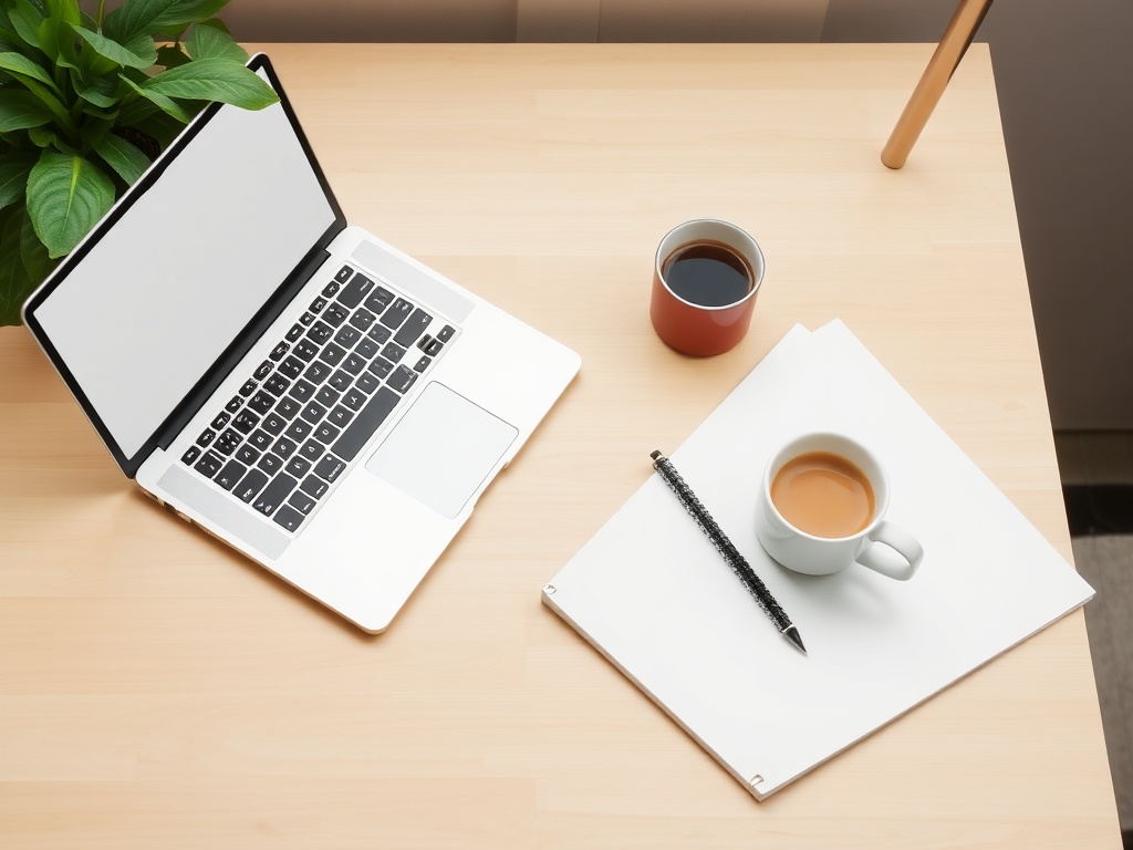 A clean workspace with a laptop, notebook, and a plant. A minimalist desk setup with a cup of coffee.