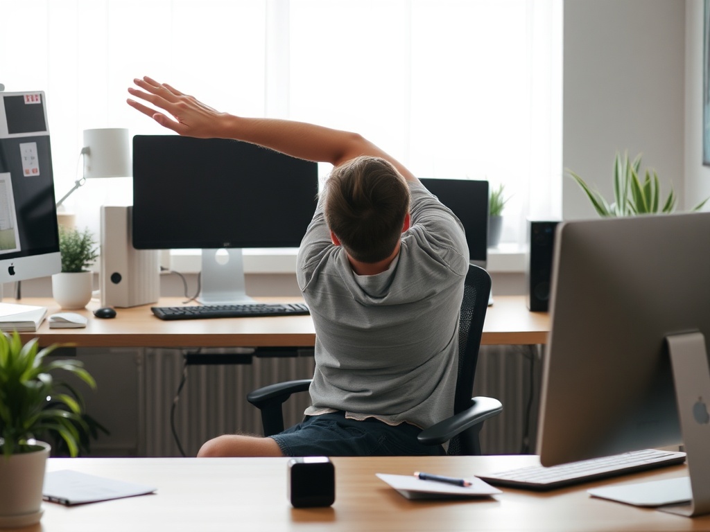 A person stretching and relaxing at their desk during a break. A peaceful and calming workspace with soft lighting.