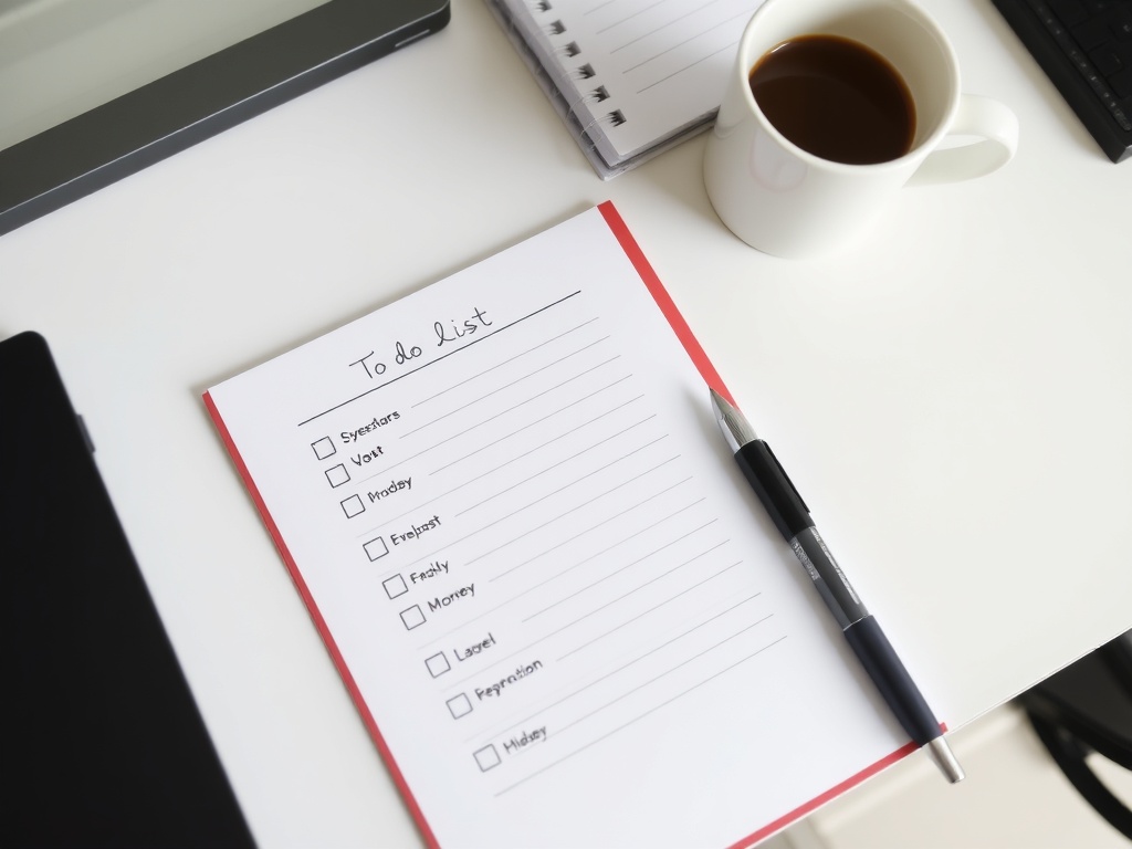 A to-do list on a desk, with a cup of coffee next to it. A clean and organized workspace with a planner and pen.