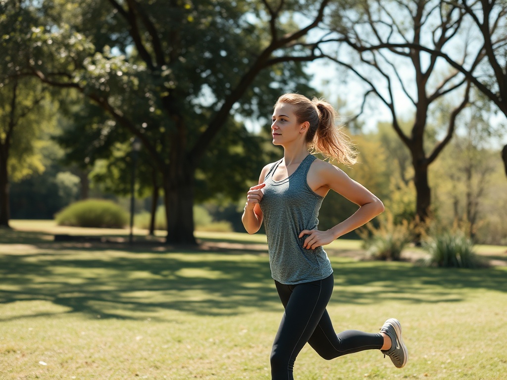 A person exercising outdoors in a peaceful environment, with fresh air and nature
