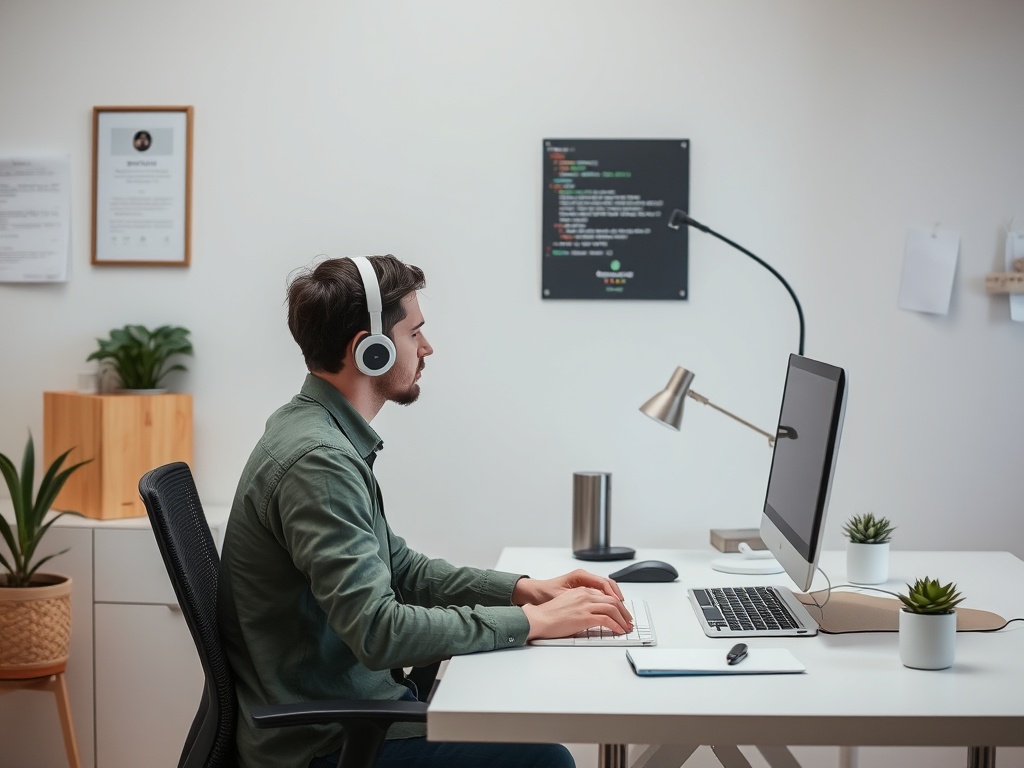 A person working in a distraction-free environment, with a clean workspace and no notifications