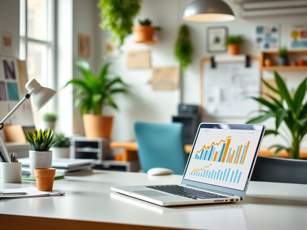 A vibrant workspace with a productive atmosphere, a clean desk, and a laptop showing charts and growth projections.