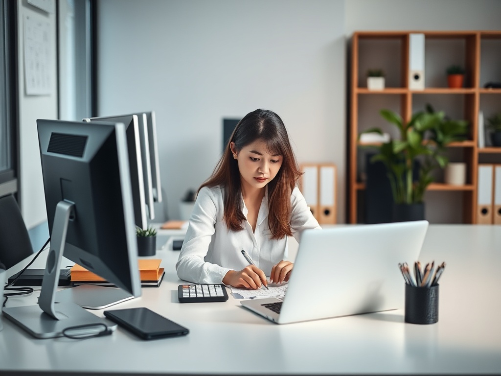 calm focused professional working efficiently with organized system and clear desk