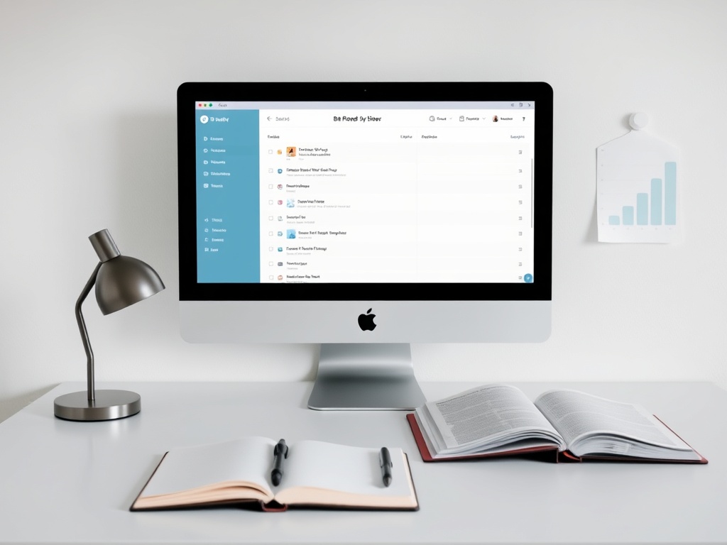 clean desk setup with visible task list on screen and notebook open