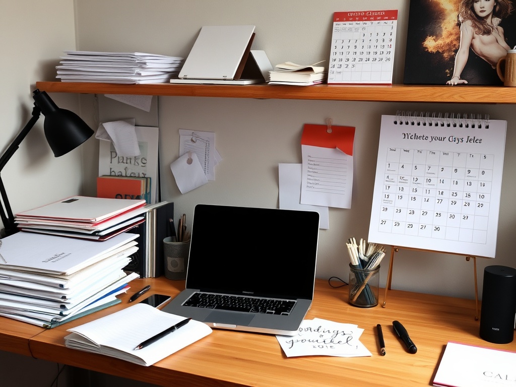 messy desk transforming into an organized minimalist workspace with notebooks, laptop, and calendar