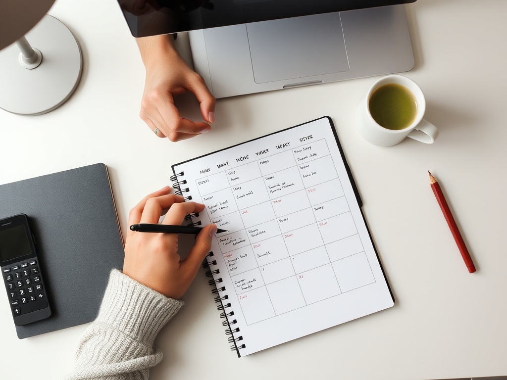 person planning weekly schedule with notebook and coffee on a clean desk