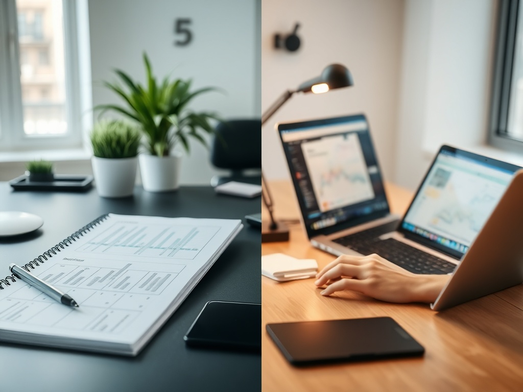 split workspace showing planning notebook on one side and focused laptop work on the other