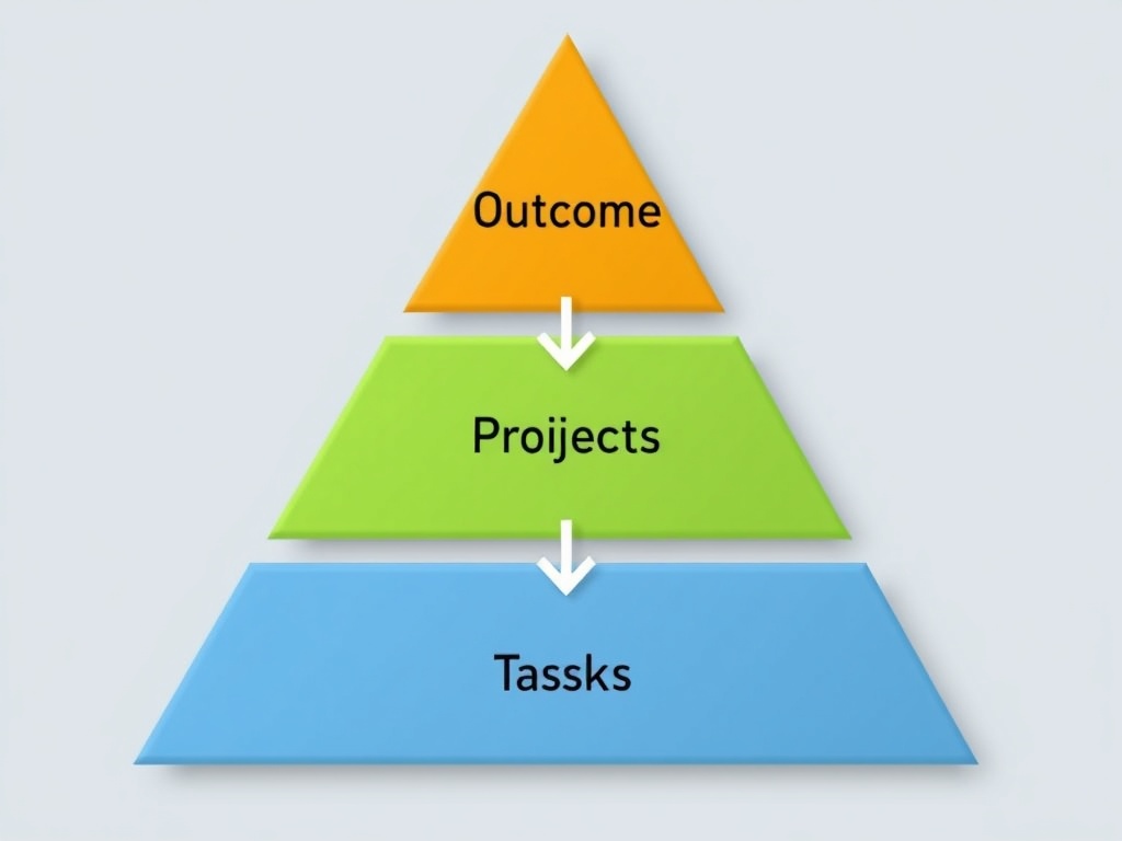 three-layer pyramid labeled outcomes, projects, tasks with arrows showing flow