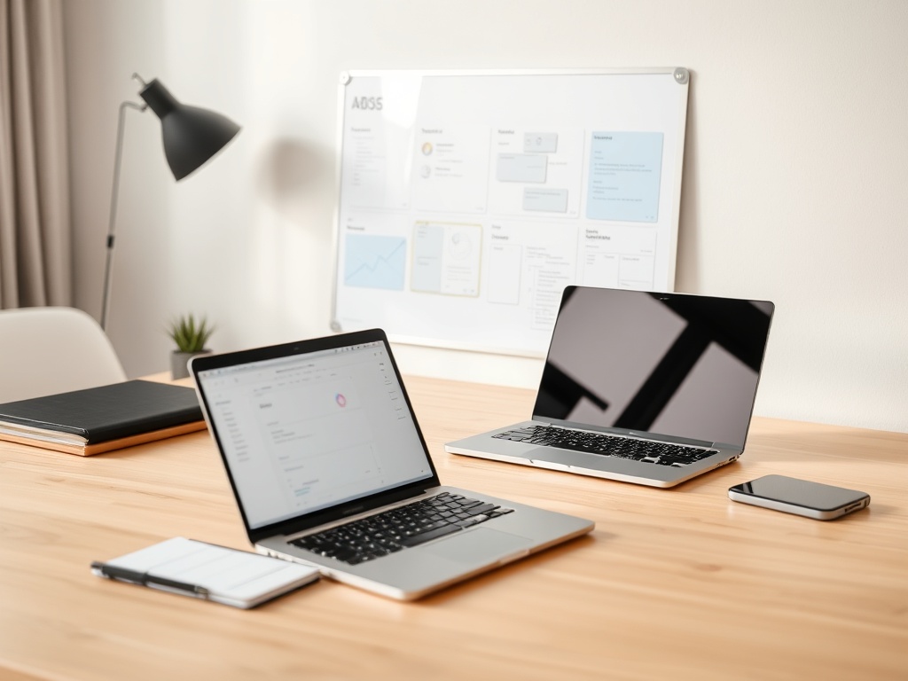 clean modern workspace with laptop, notebook, and project planning board, soft lighting, minimalist productivity setup