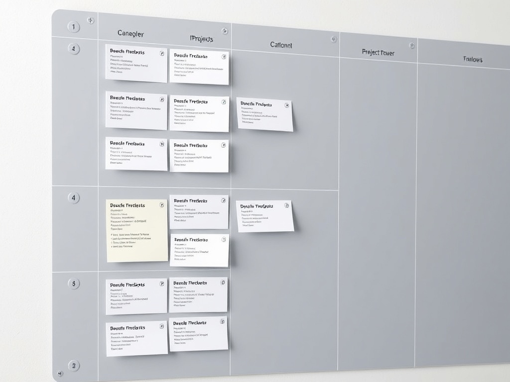 kanban board with project cards organized into columns, visually structured workflow system