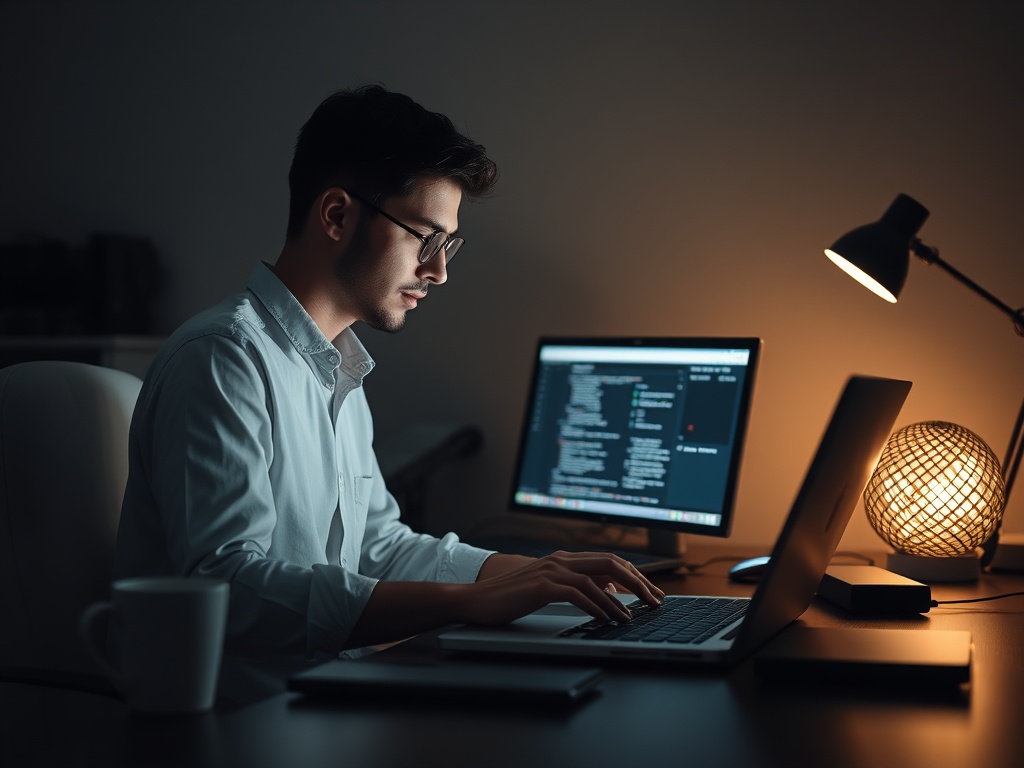 person focusing on laptop with minimal distractions, deep work environment, calm workspace