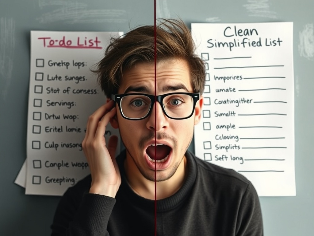 person overwhelmed by cluttered to-do list vs clean simplified list comparison