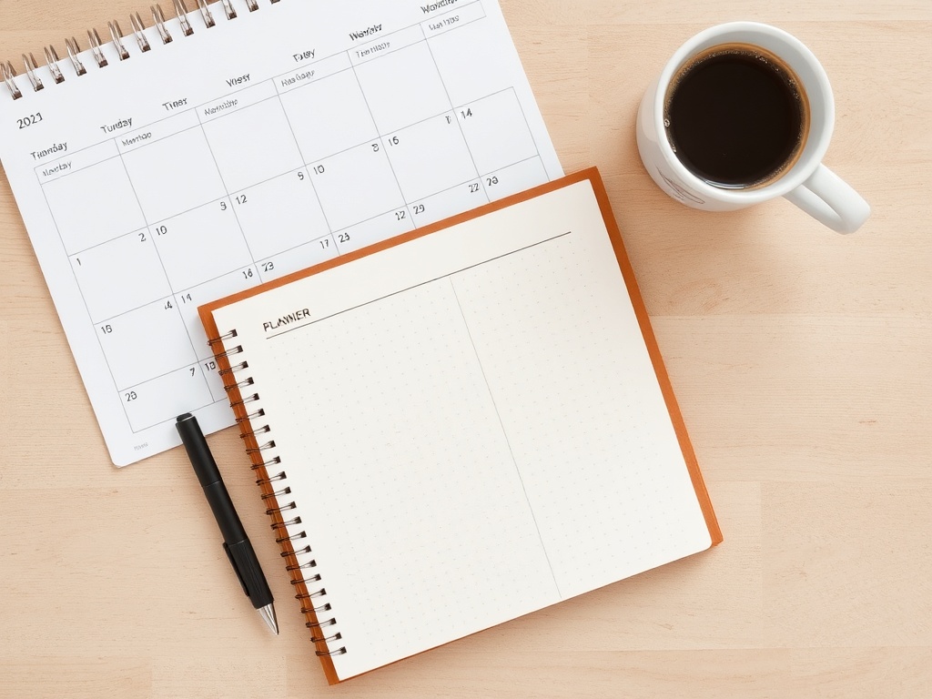 weekly planning session with notebook, calendar, coffee, structured planning routine