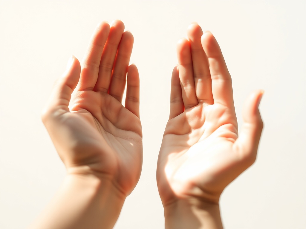 open hands in soft light, symbolic of letting go, minimalist calm aesthetic