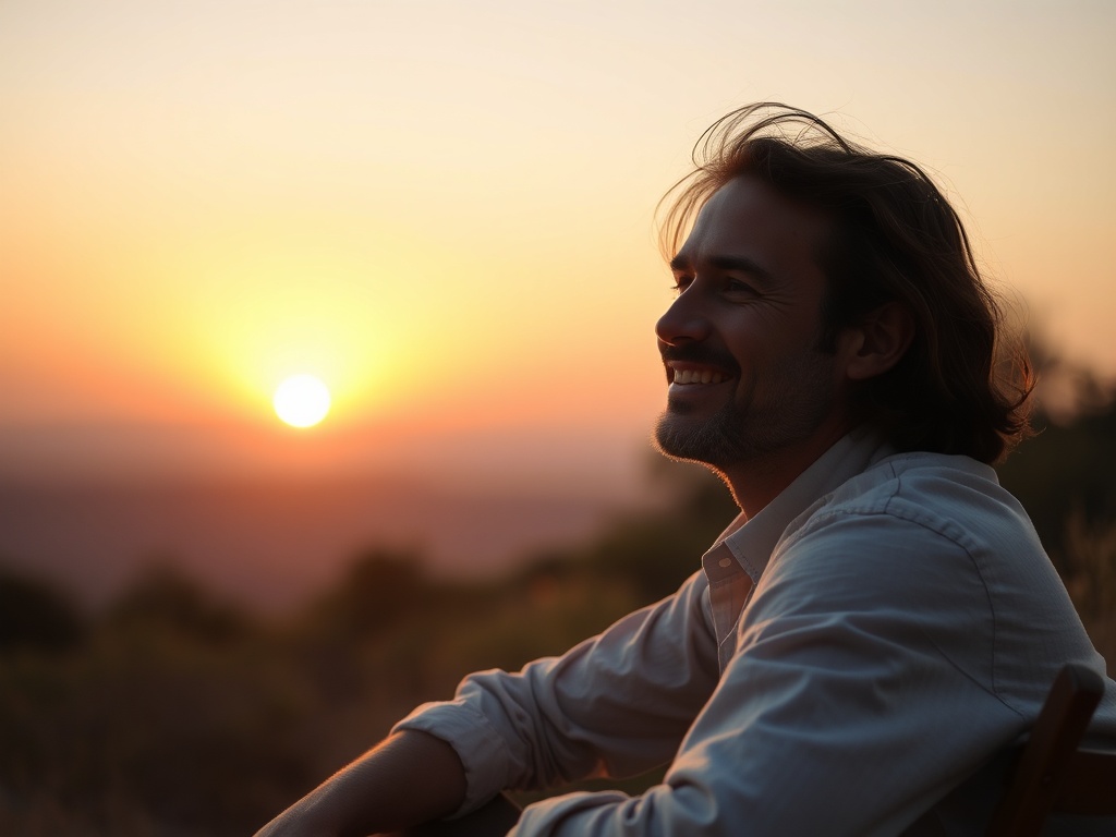 person sitting outdoors watching sunset, calm expression, warm tones, sense of contentment
