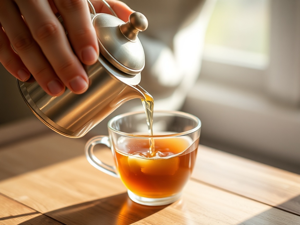 person slowly pouring tea into a cup, close-up, soft natural light, mindful moment
