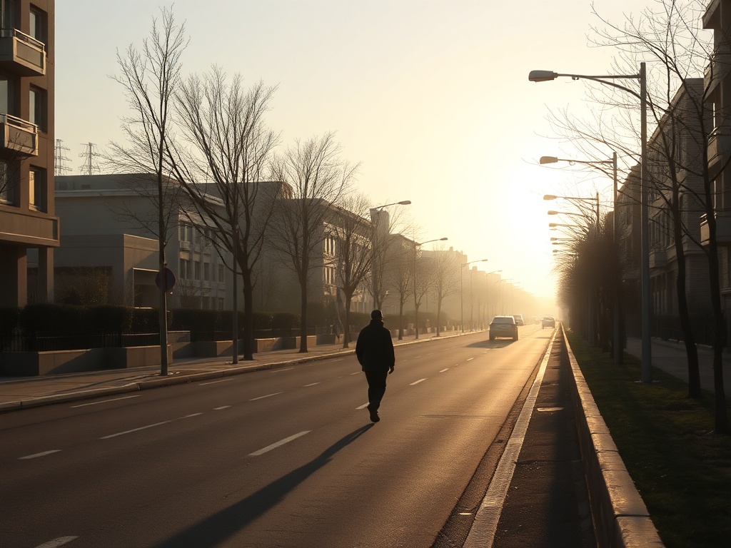 quiet morning walk on empty street with soft light, peaceful and slow pace