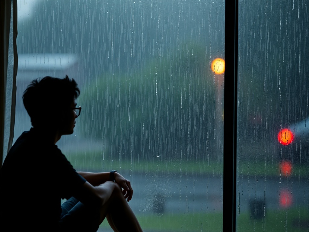 rain falling outside a window, person sitting quietly watching, reflective and calm atmosphere
