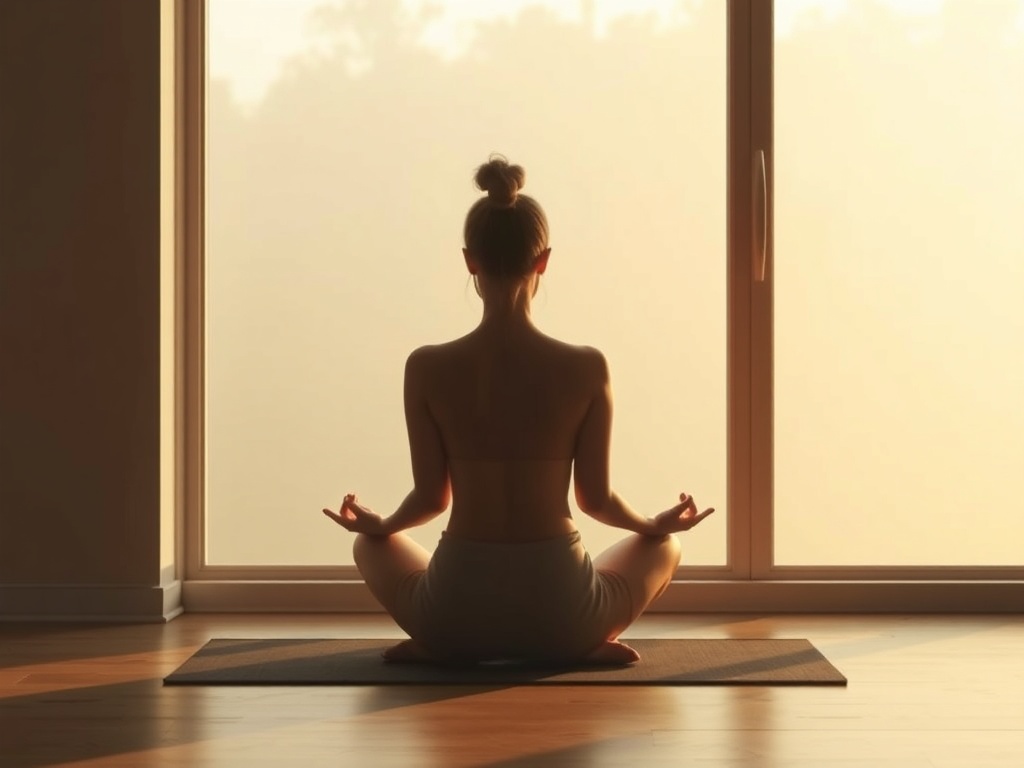 soft morning meditation scene by a window, person sitting cross-legged, warm light, minimalist calm space