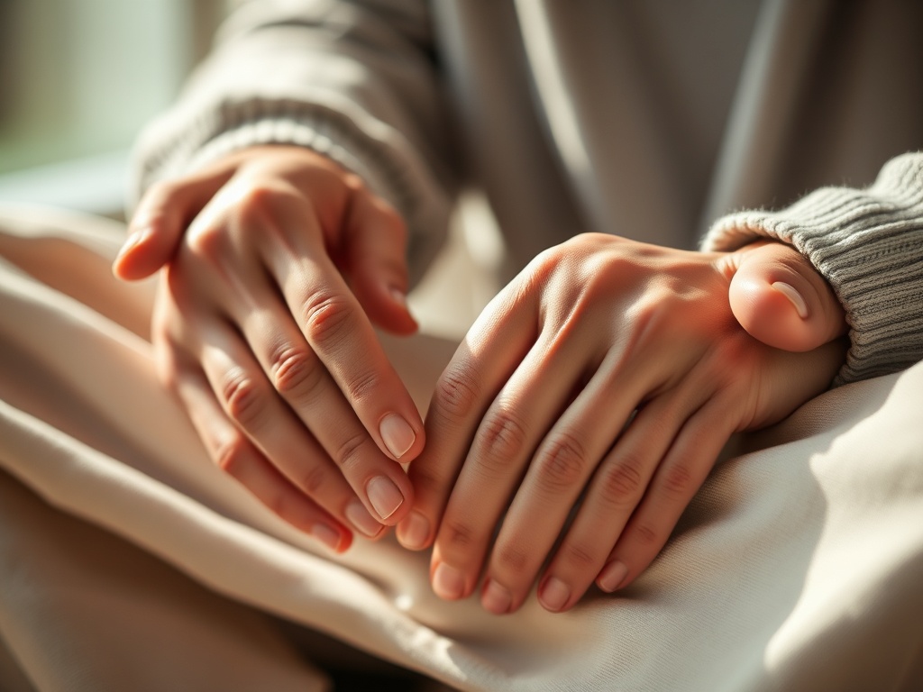 close-up of hands resting calmly, natural light, shallow depth of field, serene atmosphere