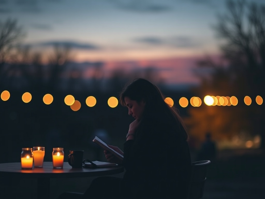 evening calm scene, dim warm lighting, person journaling quietly, peaceful atmosphere