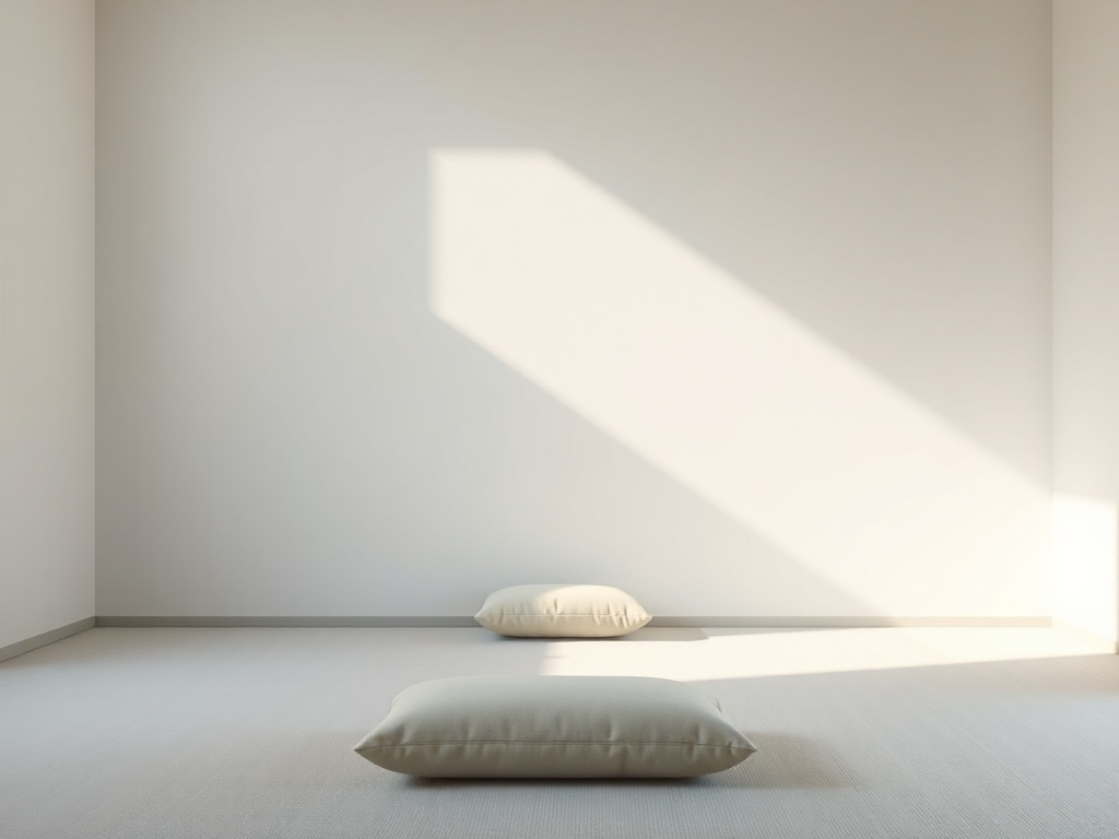 minimal zen-like space, soft shadows, empty room with cushion, calm and still