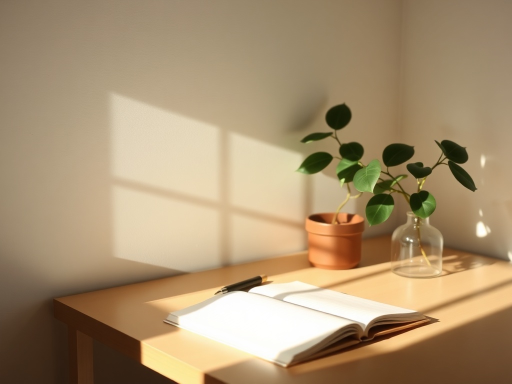 minimalist workspace with sunlight, notebook, plant, sense of calm and focus